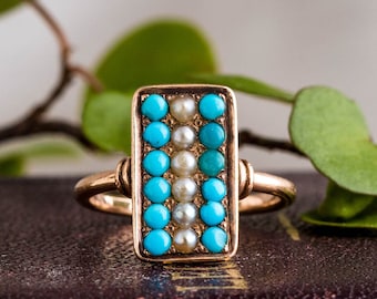 Victorian English 14K Turquoise and Pearl Ring