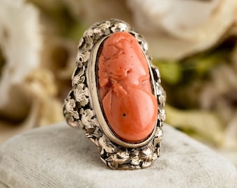 Large Art Nouveau 14K Gold Carved Coral Cameo Ring