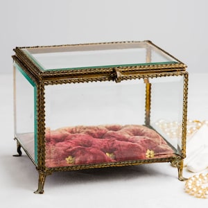 Large 19th C. French Beveled Glass Tufted Raspberry Velvet Jewelry Box Vitrine, French Jewelry Box