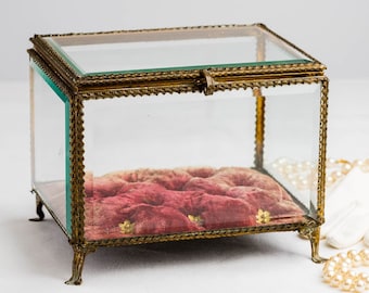 Large 19th C. French Beveled Glass Tufted Raspberry Velvet Jewelry Box Vitrine, French Jewelry Box