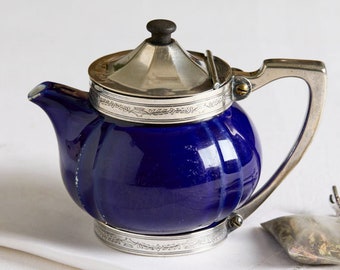 Vintage Hotel Perry Cobalt Blue Braced Silverplate and Porcelain Teapot, Hotel Silver