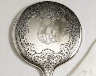Victorian Sterling Silver Hand Chased Monogrammed Hand Mirror