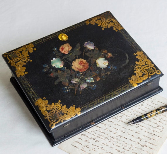 19th Century Antique Paper Mache Inlaid Mother of Pearl Writing