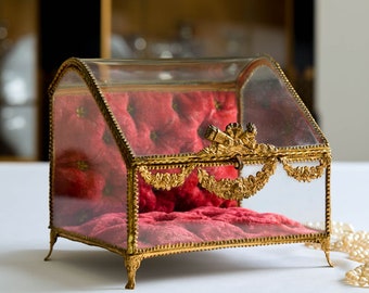 Rare 19th c. French Curved Glass Tufted Casket Jewelry Box, Antique French Vitrine