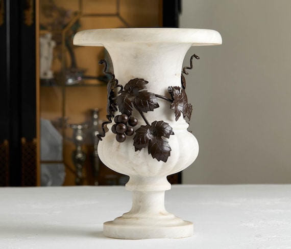 Large Vintage Marble Urn with Ornamental Iron Decor