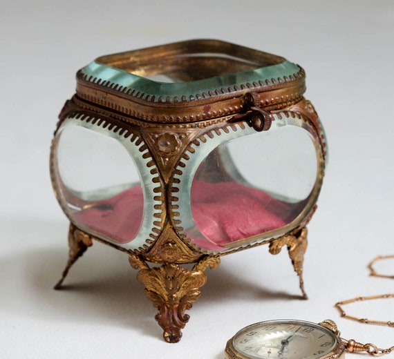 19th C. French Glass Casket Jewelry Box with Tuft… - image 1