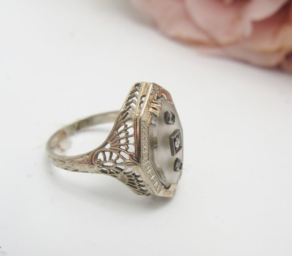 Art Deco 10K White Gold Rock Crystal Diamond & Em… - image 4