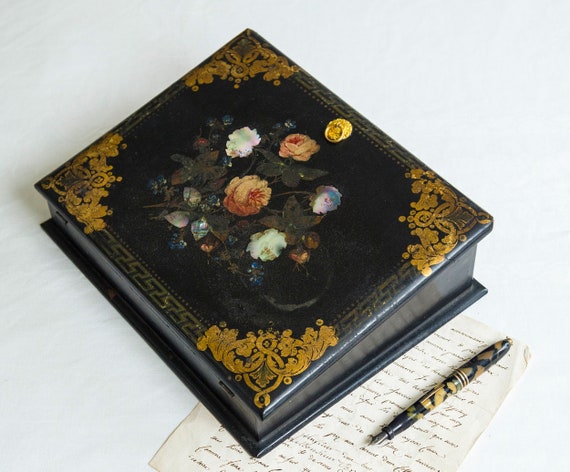 19th Century Antique Paper Mache Inlaid Mother of Pearl Writing