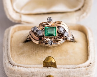 Victorian 14K Gold Emerald and Diamond Ring