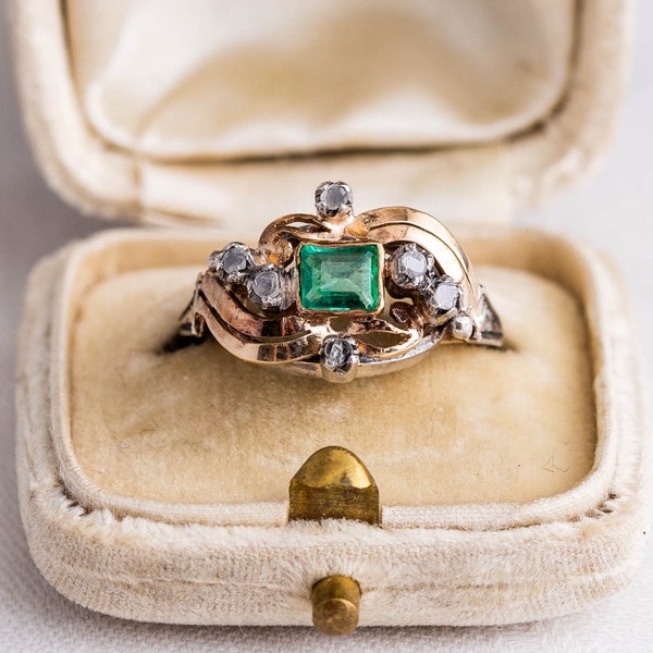 Victorian 14K Gold Emerald and Diamond Ring