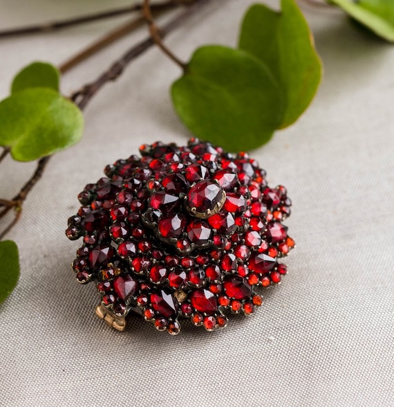 Victorian Bohemian Garnet Cluster Locket Brooch, … - image 2