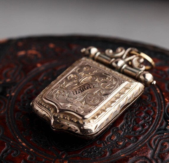 19th c. Antique 9K Gold Shield Chased Locket, Eng… - image 4