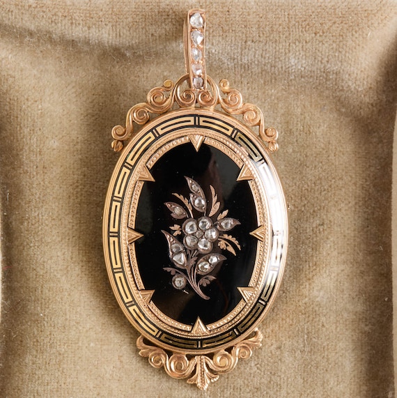 Victorian 18K Gold Enamel Rose Cut Diamond Floral… - image 1