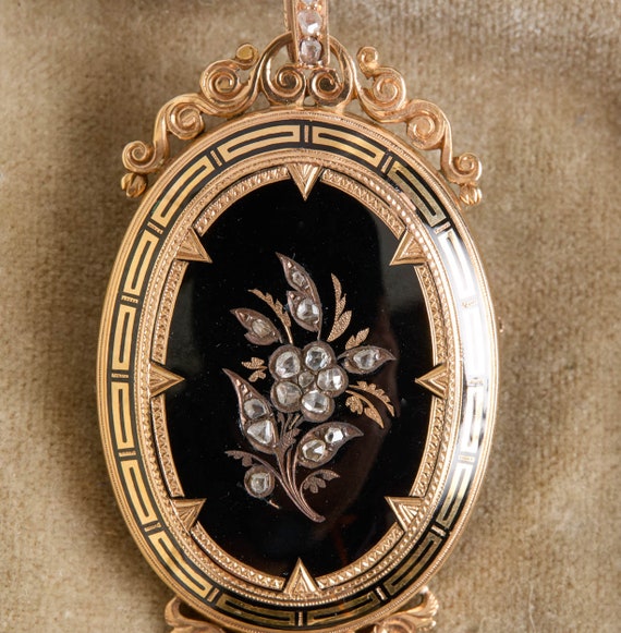 Victorian 18K Gold Enamel Rose Cut Diamond Floral… - image 2