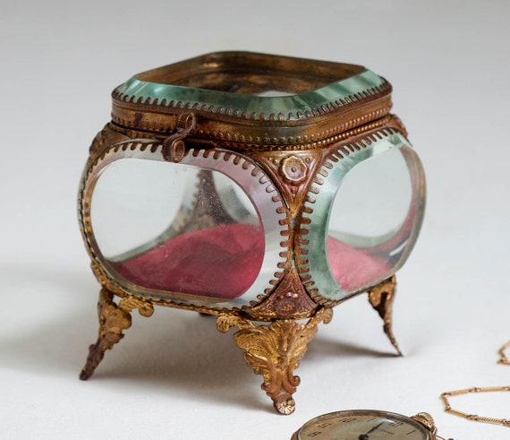 19th C. French Glass Casket Jewelry Box with Tuft… - image 2