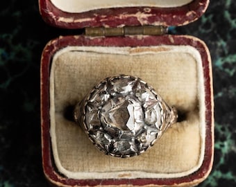 Georgian 10K Gold Silver Top Mine Cut Diamond Halo Ring