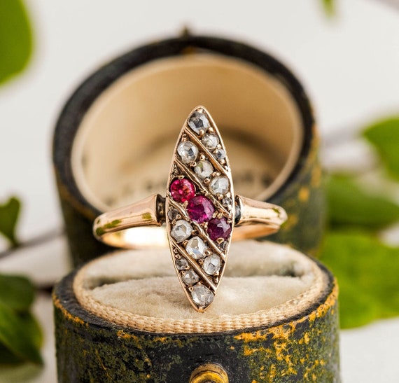 Victorian 14K Rose Gold Striped Ruby, Rose Cut Di… - image 1