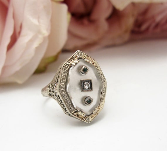 Art Deco 10K White Gold Rock Crystal Diamond & Em… - image 1