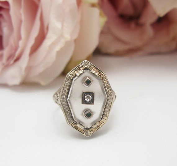 Art Deco 10K White Gold Rock Crystal Diamond & Em… - image 2
