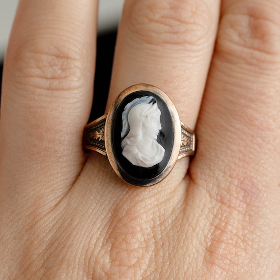 Victorian 10K Gold Black & White Sardonyx Cameo R… - image 7