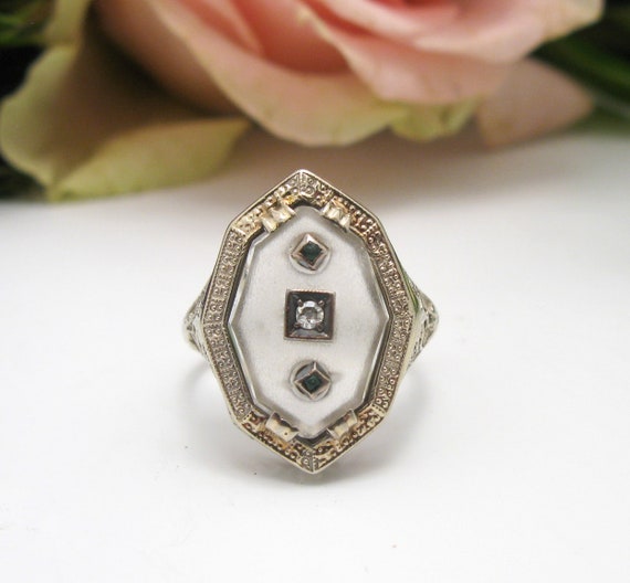 Art Deco 10K White Gold Rock Crystal Diamond & Em… - image 6