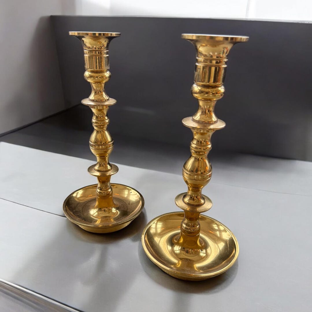 Pair of Mid Century Heavy Brass Candle Holders