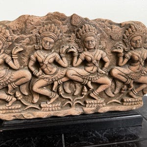 Khmer Apsara Stone Relief Sculpture – Angkor Wat Dancer Wall Panel – 14&quot; Wide – Temple-Style Carving on Stand – 10 lbs - J