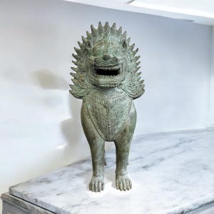 Antique Southeast Asian Guardian Lion Statue Solid Bronze Khmer/Thai Singha Mid-Century Temple Protector Masculine Symbol Strength Fertility