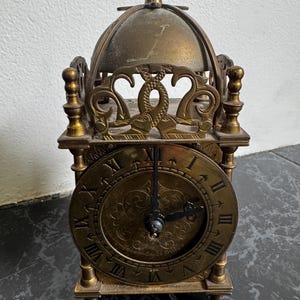 Vintage Smiths Enfield Brass Lantern Clock – 7.5” | English Mantle Clock | Mechanical Wind-Up, Ornate Dolphin Crest - j