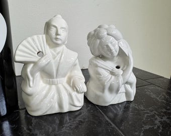 Vintage Leilani Tiki Mug Pair – Geisha & Samurai, White Ceramic, 7" Tall, Mid-Century Barware - k