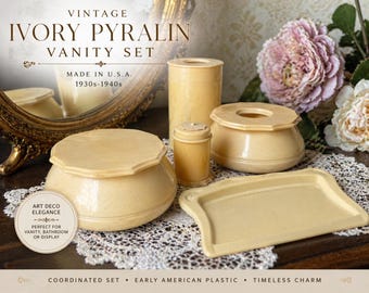Vintage Ivory Pyralin Vanity Set Art Deco Dresser Set Celluloid Powder Jar Tissue Holder Tray 1930s Bathroom Vanity Gift - j