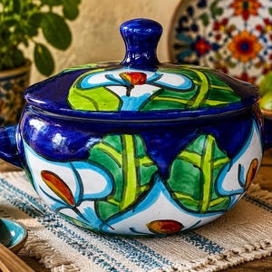 Vintage Mexican Talavera Style Covered Casserole Dish | Hand Painted Calla Lily Pottery Tureen | Colorful Lead Free Mexican Ceramic Bowl - k