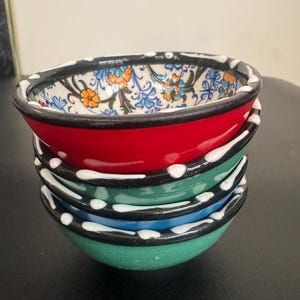 Vintage Turkish Ceramic Dipping Bowls Set of 4 Hand Painted Iznik Style Meze Bowls Colorful Anatolian Pottery - j
