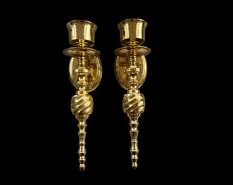Vintage Heavy Brass Wall Sconce Twisted Art Nouveau 1960's Candleholders Modern Decor Gold - K
