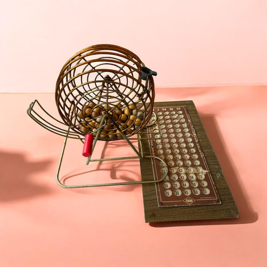 Vintage Bingo Ball Cage With ALL Wood Balls Holder Complete Gambling