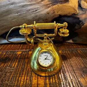 Vintage Timex Rotary Telephone Miniature Desk Clock – Gold Tone Novelty Collectible – Works, Battery Operated