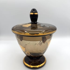 Vintage Bohemian/Czech Smoky Glass with Etched & Gilt Lidded Pedestal Dish - k