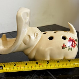 Vintage Ceramic Hippo Pencil Holder | Mid-Century Floral Rose Decal Pottery | Whimsical Desk Organizer or Flower Frog - k