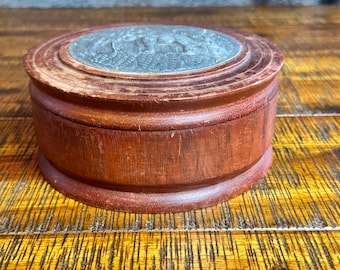 Vintage Carved Wood Tobacco Box with Embossed Elephant Medallion Warm Tobacco Scent • Rustic Boho Décor - j