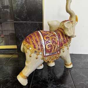 Large Thai‑Style Resin Elephant with Mirror Mosaic Saddle – 15″ Ornate Decor Accent - j