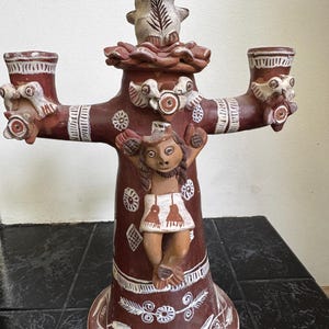 Vintage Mexican Tree of Life Folk Art Candelabra – Hand-Painted Terracotta – Jesus Figure – 13&quot; Tall – Religious Pottery - j