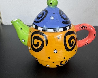 Bella Casa Hand Painted Teapot Colorful Whimsical Ceramic Funky Retro Kitchen Decor Gift - k