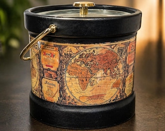 Vintage Bar Ice Bucket Mid Century Faux Leather World Map Liquor Theme Ice Bucket with Lid and Handle Cocktail Barware Mad Men Style - k