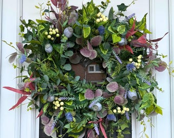 Corona para todo el año, corona para puerta para todas las estaciones, corona de eucalipto, corona verde, decoración para puerta de entrada