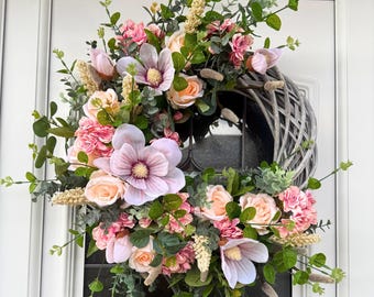 Corona de magnolias de primavera, corona de flores de cerezo, corona de rosas de primavera, corona de primavera para la puerta principal, corona floral artificial, corona grande para la puerta