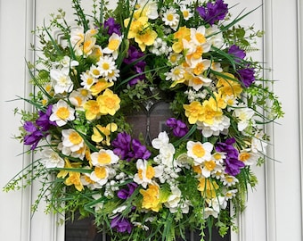 Corona de narcisos de primavera, corona de primavera para puerta de entrada, corona de primavera amarilla y blanca, corona de Pascua, corona floral grande
