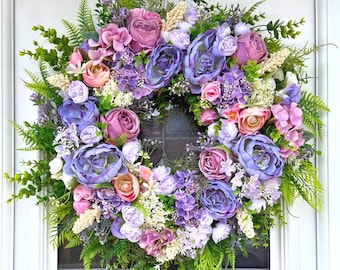 Corona de primavera/verano para puerta principal, corona floral rosa y morada, corona de boda, decoración de puerta con hortensias y peonías, decoración grande para el hogar.