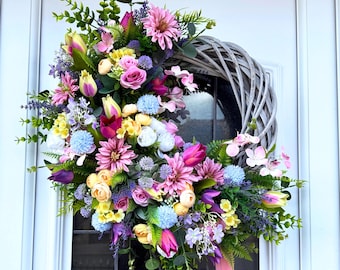 Corona de primavera/verano para puerta, corona de primavera para puerta principal, corona de tulipanes, corona en tonos pastel, decoración floral para puerta, regalo de inauguración de casa
