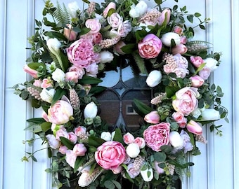 Corona floral rosa, corona de primavera para puerta, corona de flores artificiales para puerta, decoración para puerta de entrada, decoración estilo cabaña.