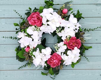 Corona floral para puerta en blanco y rosa intenso, romántica corona de flores artificiales para puerta de entrada, elegante decoración del hogar.